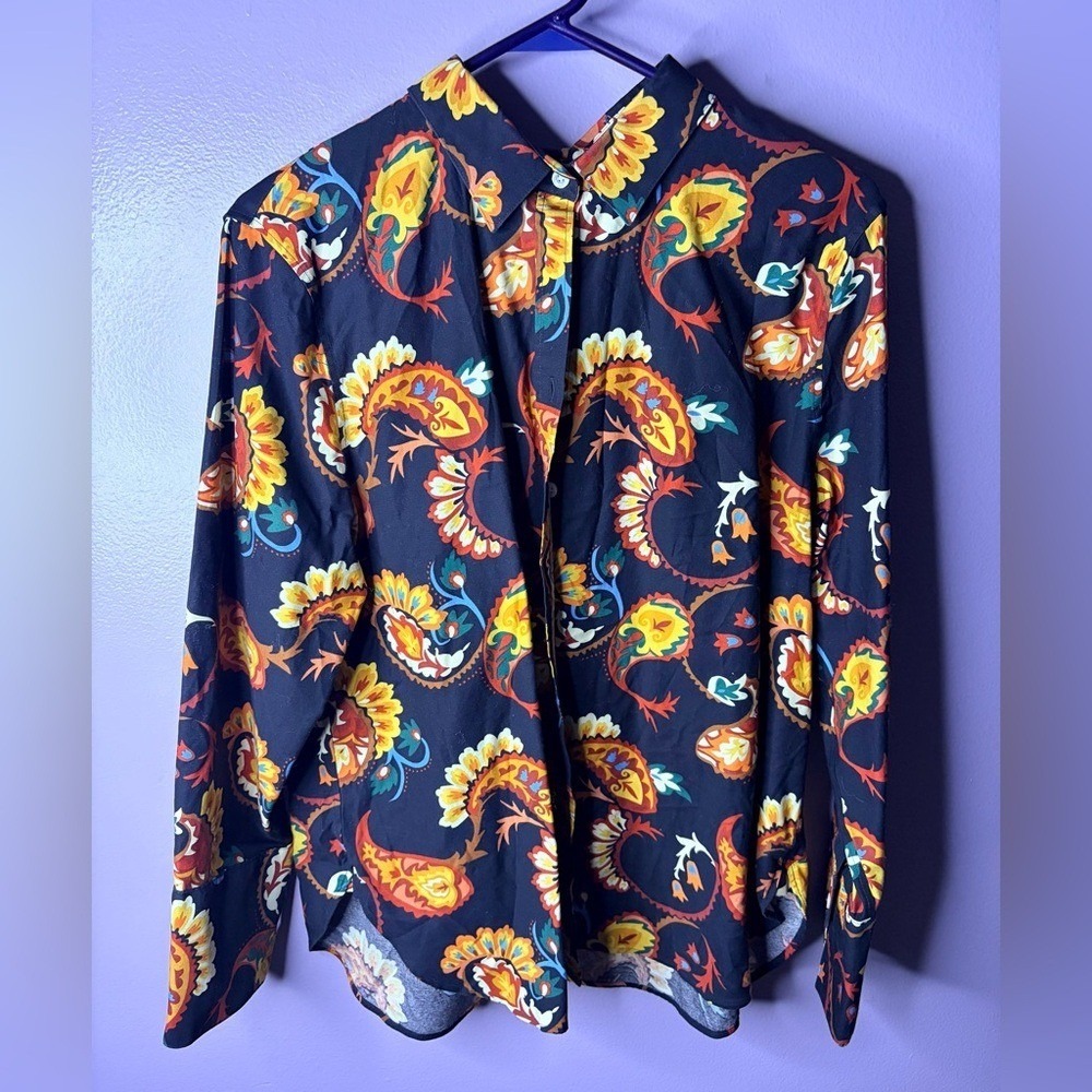 Floral Groovy Button Down Chicos Shirt Women's Size 14 Retro Mod 70s - Picture 2 of 8